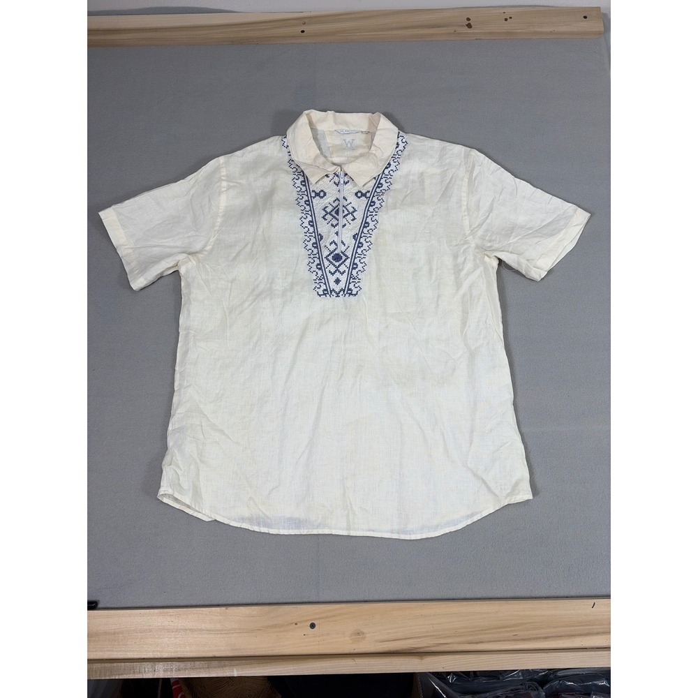 Amiani Mens Linen Quarter Zip Short Sleeve Embroidered Shirt Cream Blue Large